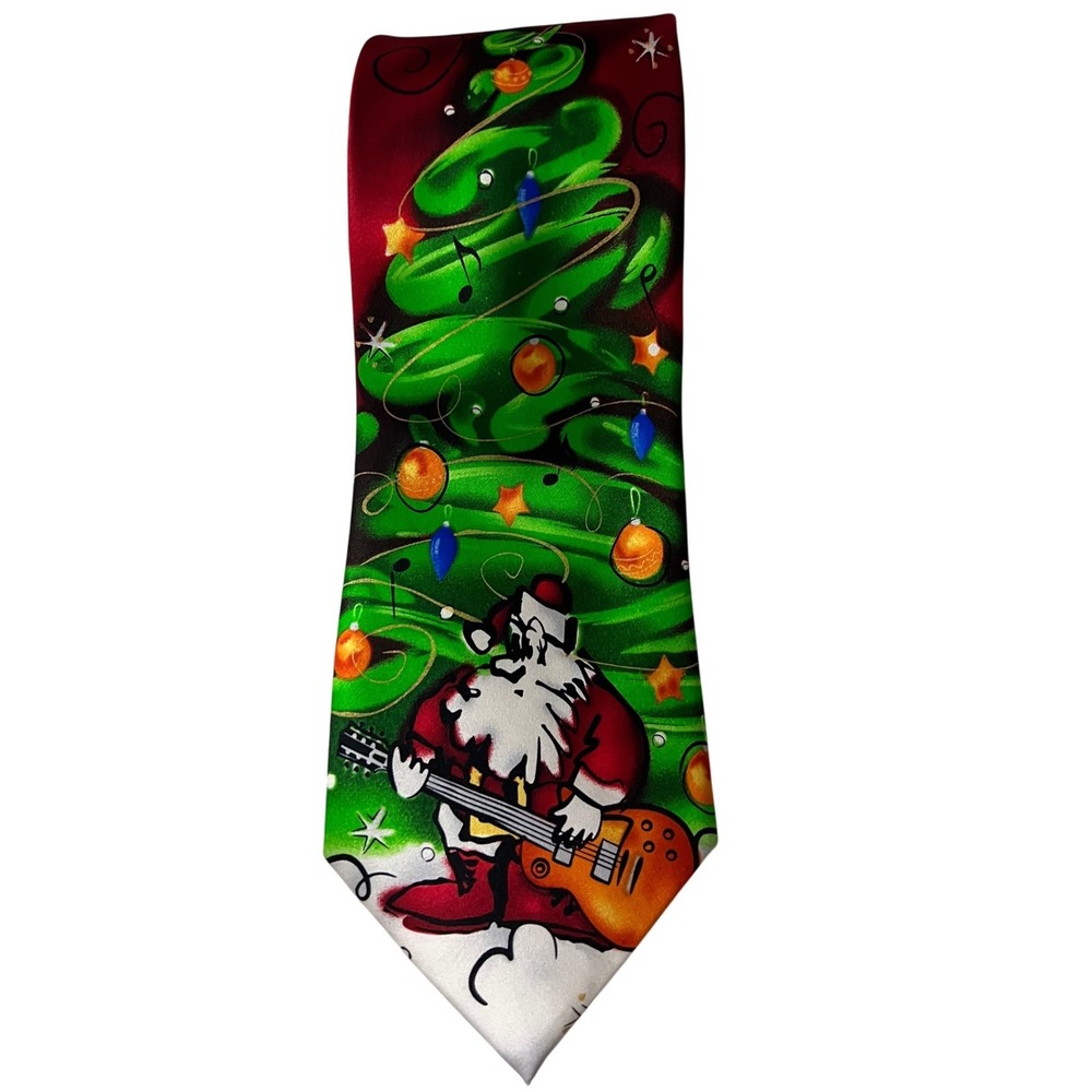 J. Garcia Necktie Mens One Size Red Christmas Santa Guitar Silk Blend
